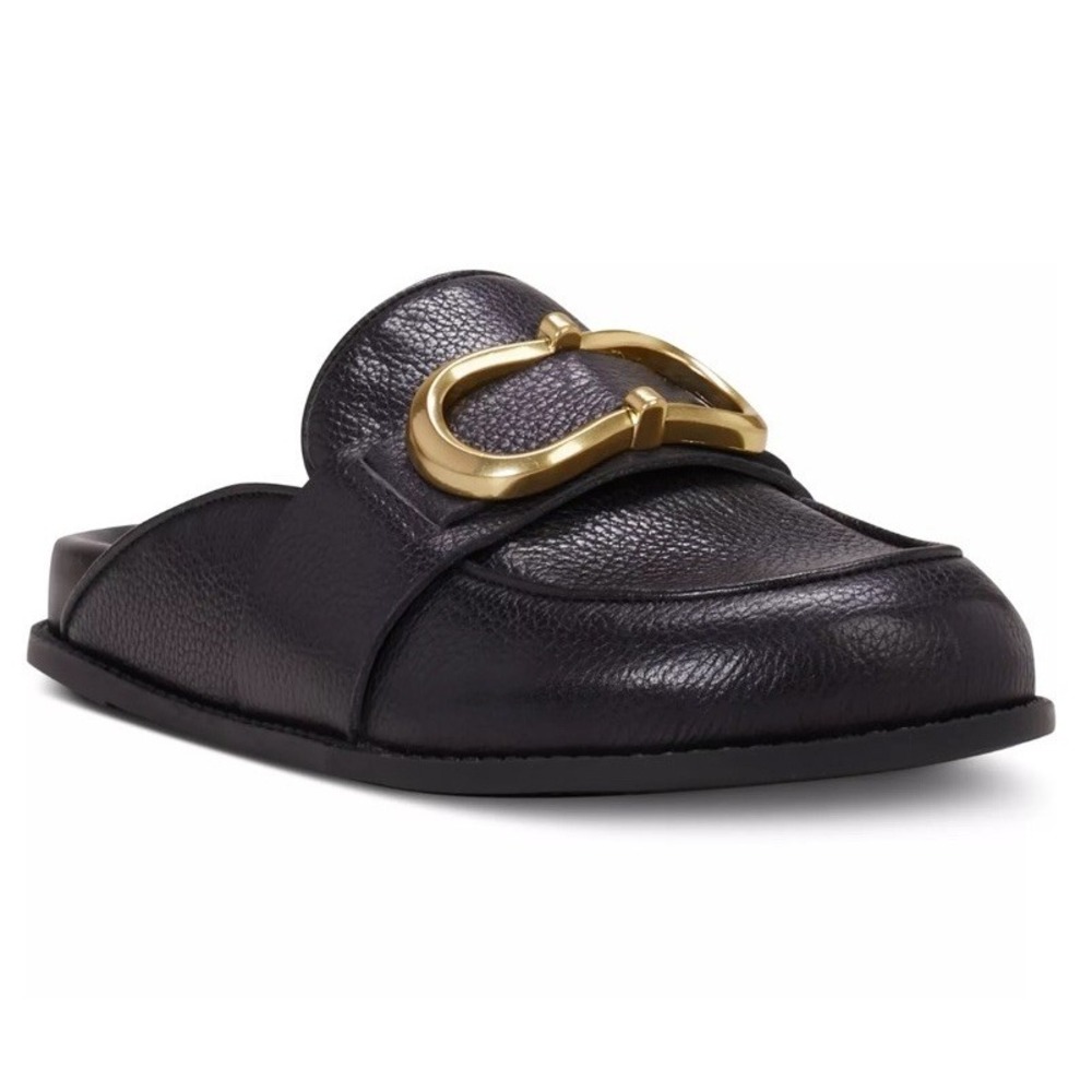 Vince Camuto Junnie Black Leather Mules Slip-On Loafers Gold Buckle Sz 6 NIB